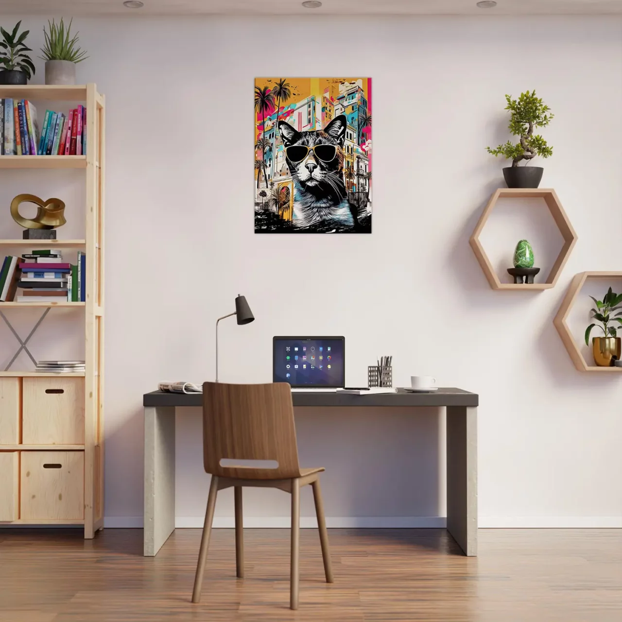 art urbain : chat cool et architecture colorée