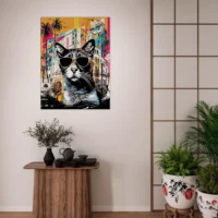 art urbain : chat cool et architecture colorée