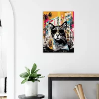 art urbain : chat cool et architecture colorée