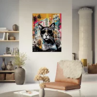 art urbain : chat cool et architecture colorée