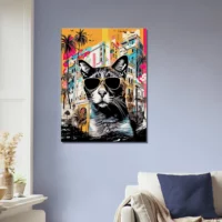 art urbain : chat cool et architecture colorée