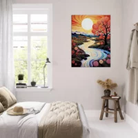 vallée fleurie surréaliste au coucher de soleil