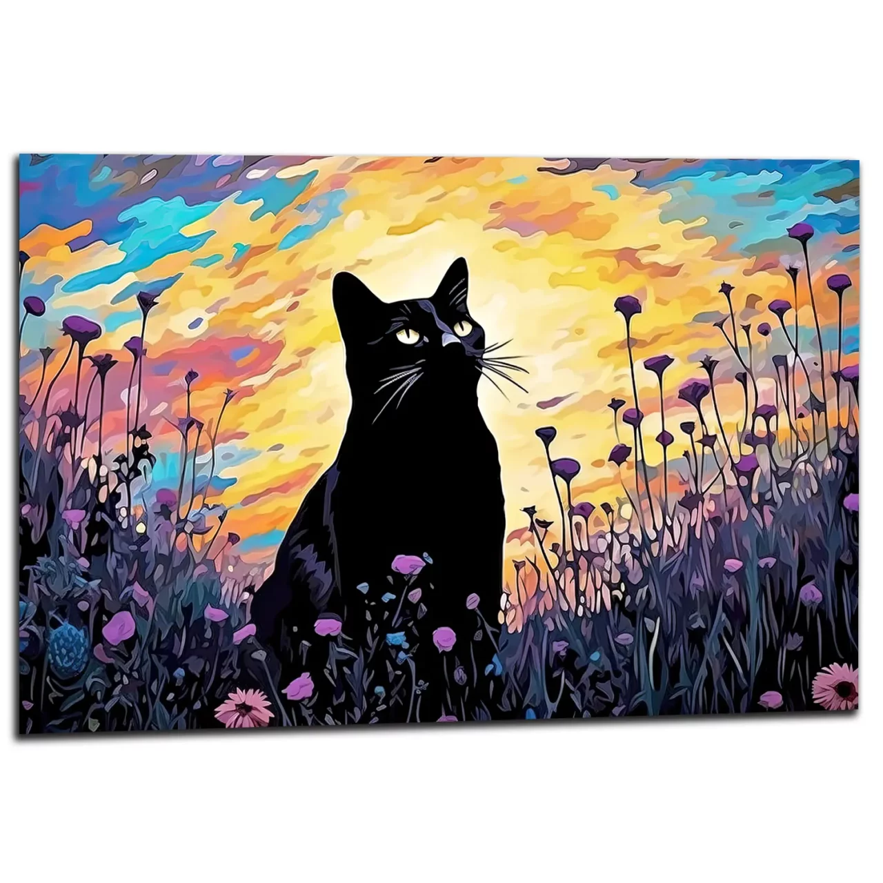 tableau klimt, chat noir et jardin de fleurs