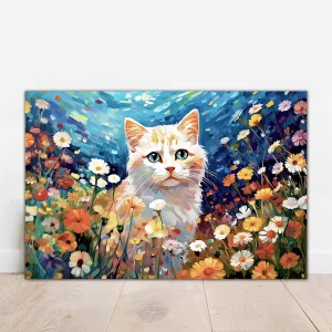 Toile Chat blanc et fleurs sauvages Gustav Klimt