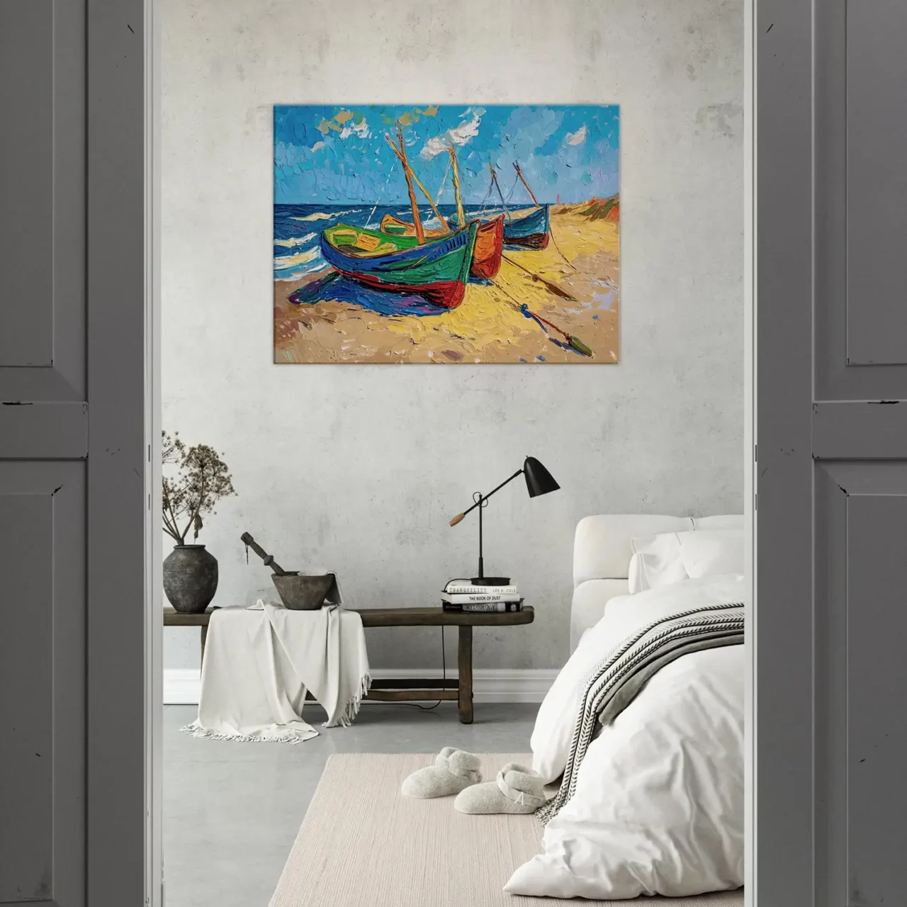 Bateaux de pèche sur la plage style Van Gogh