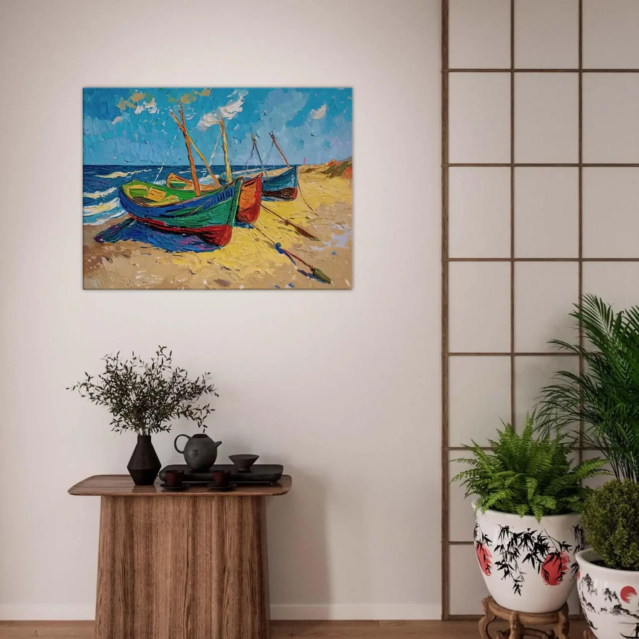 Bateaux de pèche sur la plage style Van Gogh
