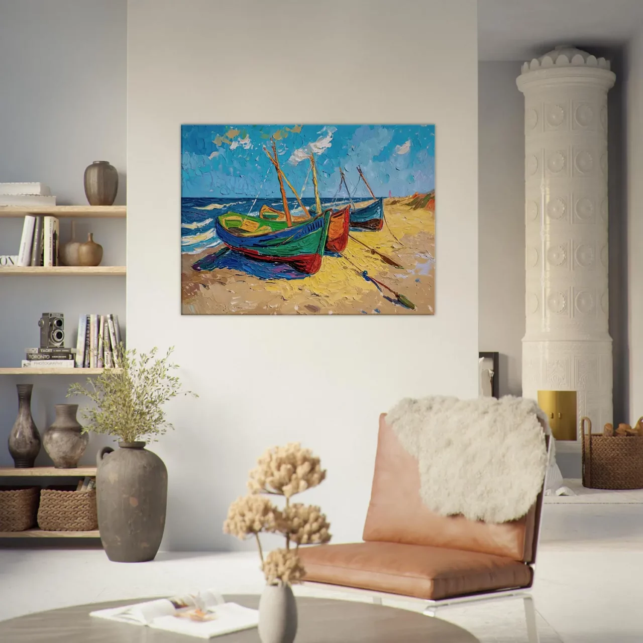 Bateaux de pèche sur la plage style Van Gogh