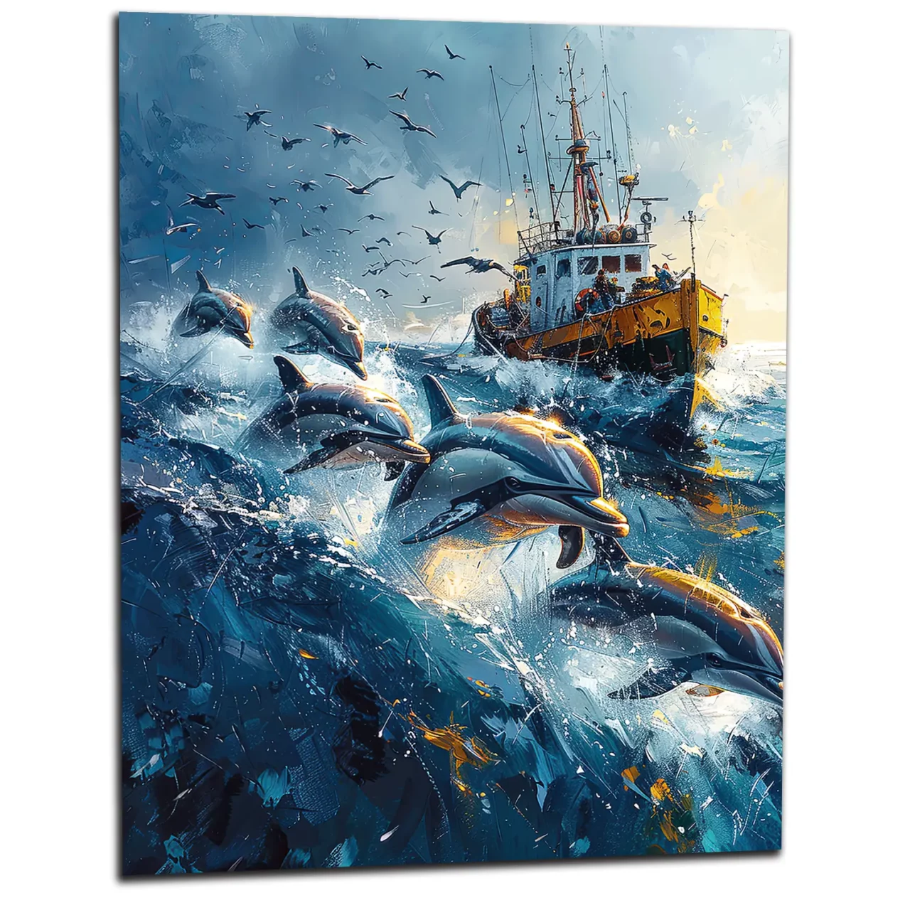 Dauphins et bateau de pêche en mer Dauphins et bateau de pêche en mer
