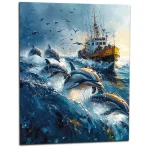 Dauphins et bateau de pêche en mer Dauphins et bateau de pêche en mer