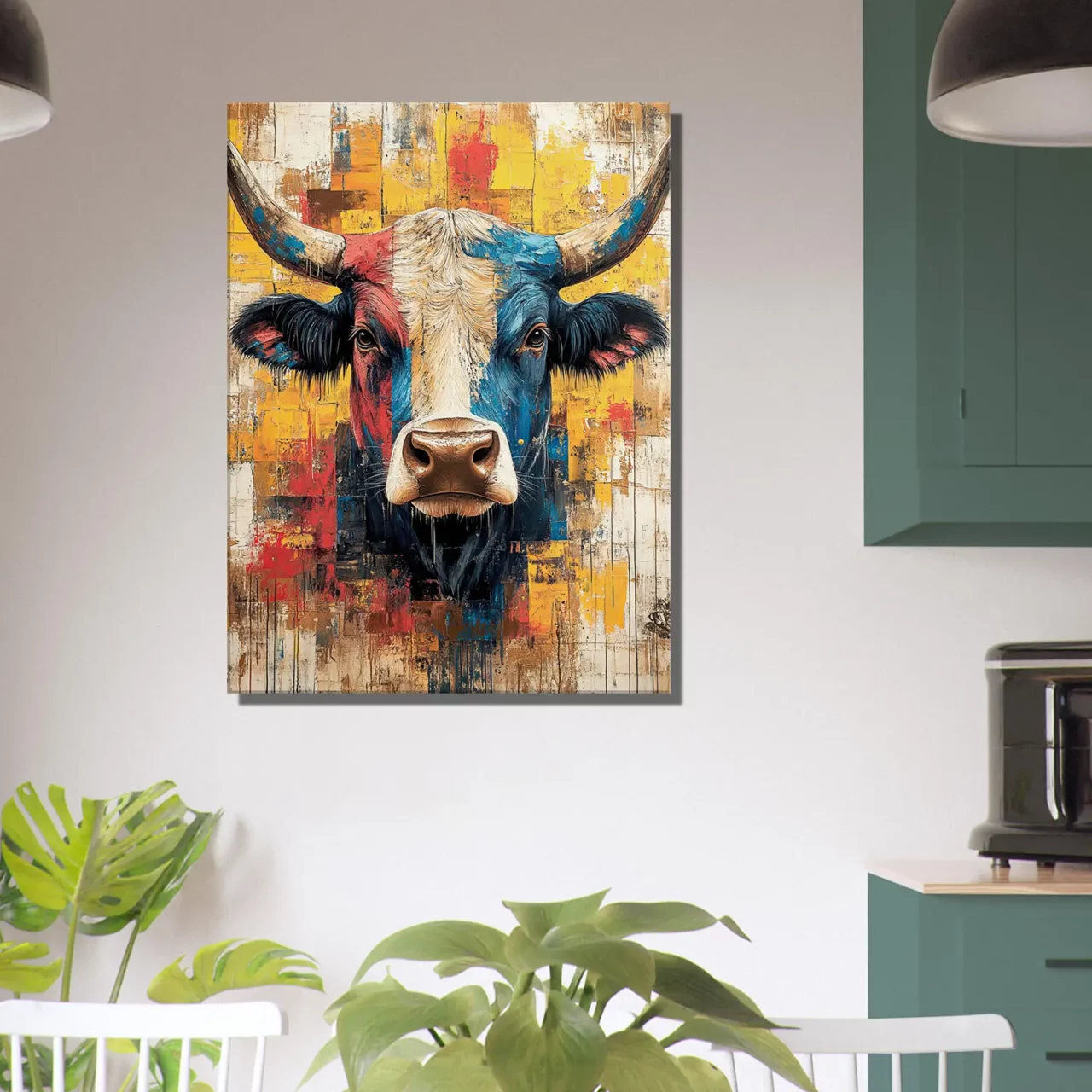 Cadre vache Highland : un tableau abstrait et coloré