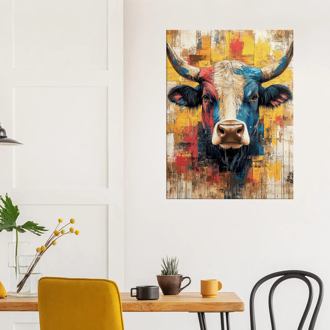 Cadre vache Highland : un tableau abstrait et coloré