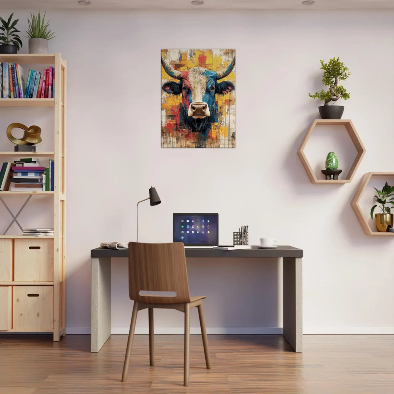 Cadre vache Highland : un tableau abstrait et coloré