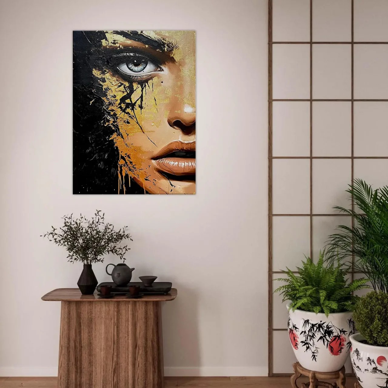 Toile Regard d’or – Fusion de beauté et de chaos