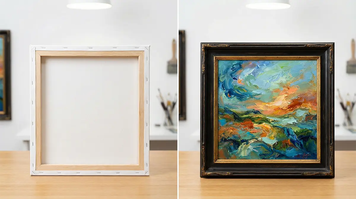 Comparaison visuelle illustrant la différence entre une toile et un tableau : à gauche, une toile de peinture vierge vue de dos montrant son châssis en bois (le support), et à droite, un tableau abstrait fini et encadré (l'œuvre d'art).