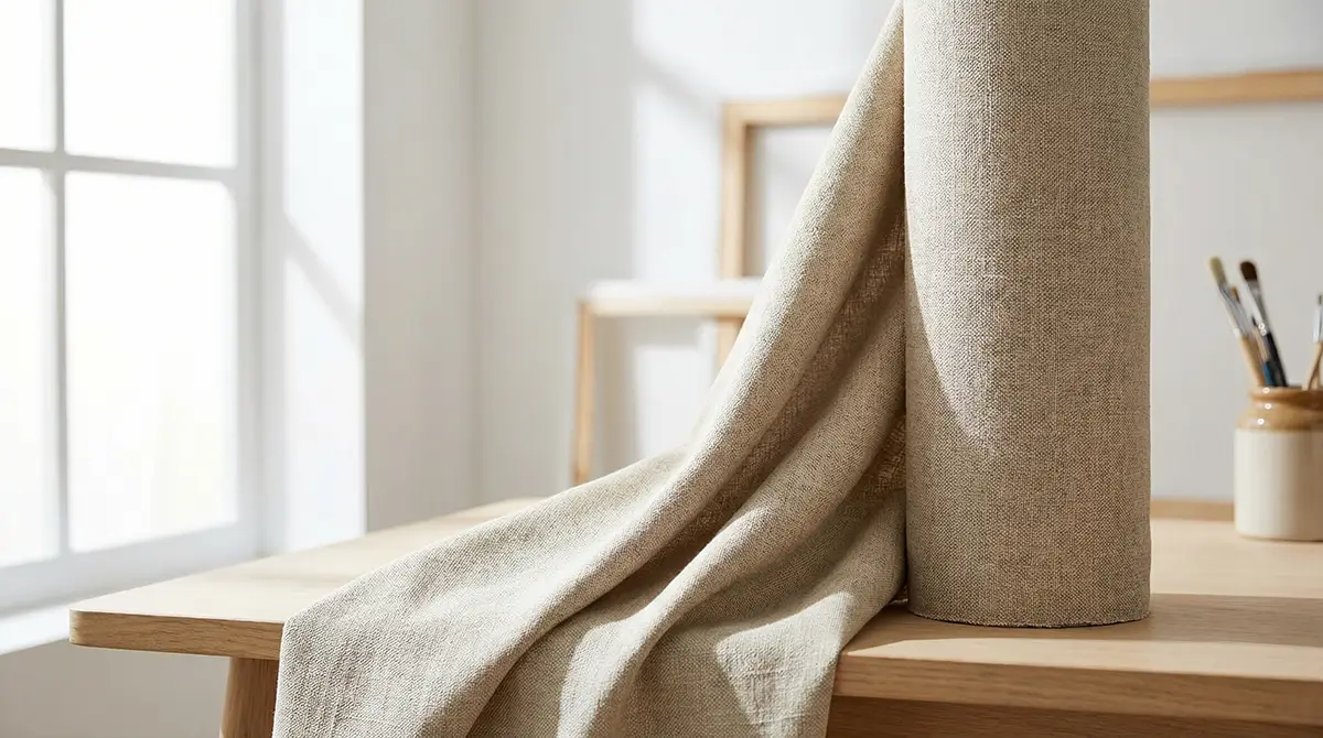 rouleau toile lin naturel peinture Rouleau de toile de lin naturel pour peinture montrant la texture du tissu utilisé comme support par les artistes