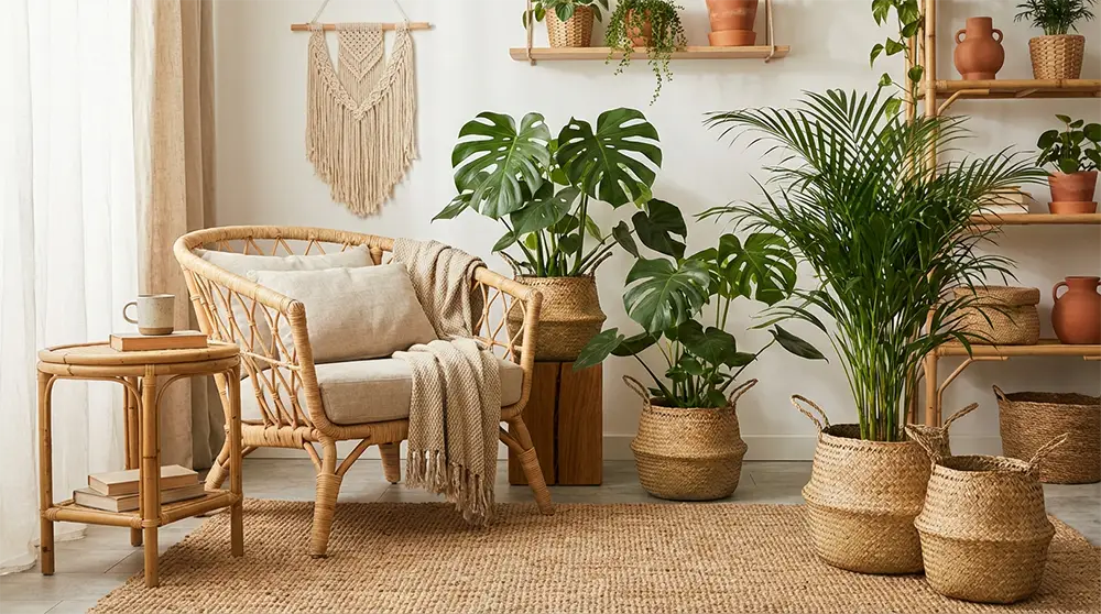 Mobilier salon jungle Mobilier en rotin et bambou dans un salon jungle