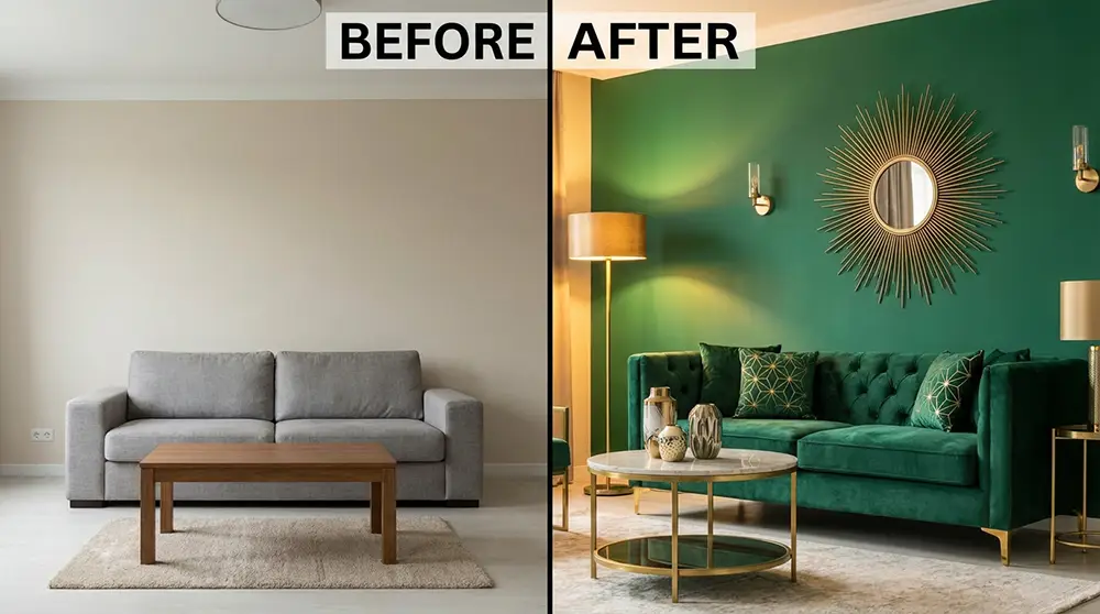 avant apres salon minimaliste neo art deco Comparaison avant après salon minimaliste beige transformé en salon neo art déco avec mur vert émeraude et miroir soleil doré