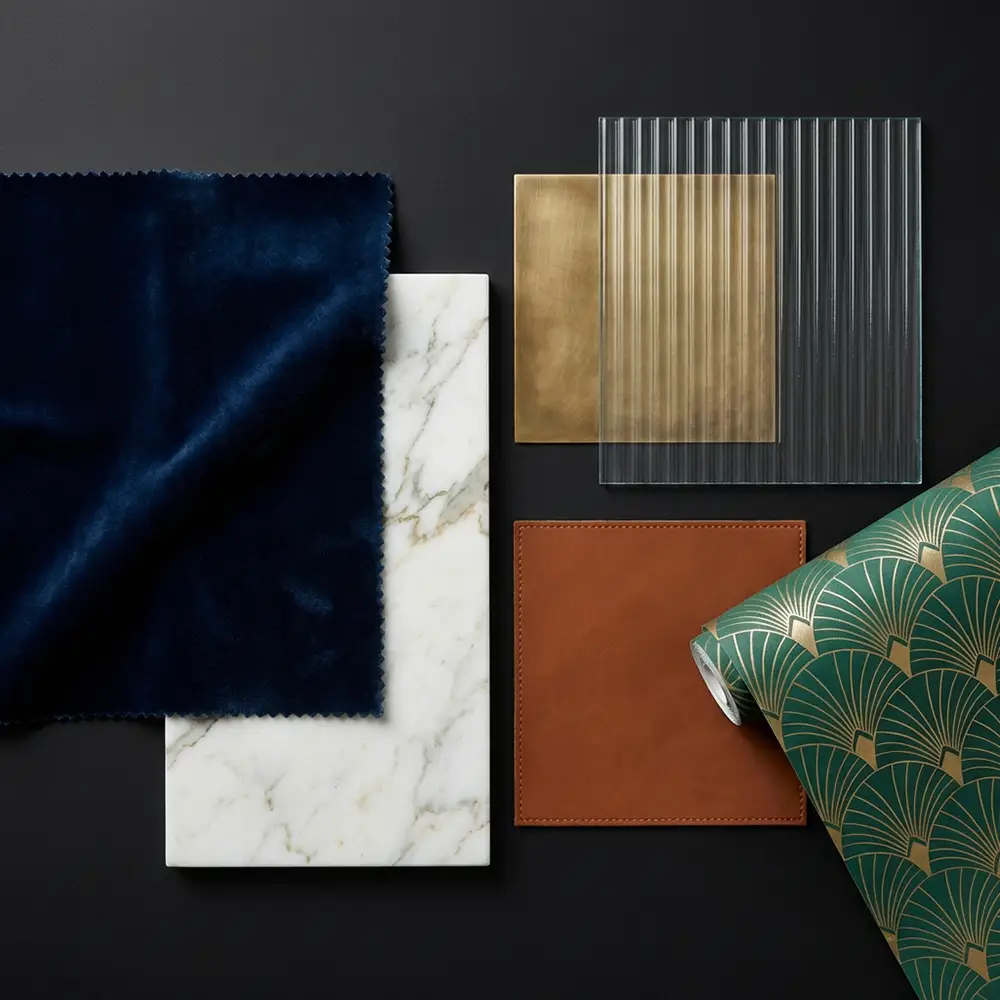 materiaux neo art deco velours laiton marbre moodboard Moodboard neo art déco avec échantillons de velours bleu nuit, marbre blanc, laiton brossé, verre cannelé et cuir cognac