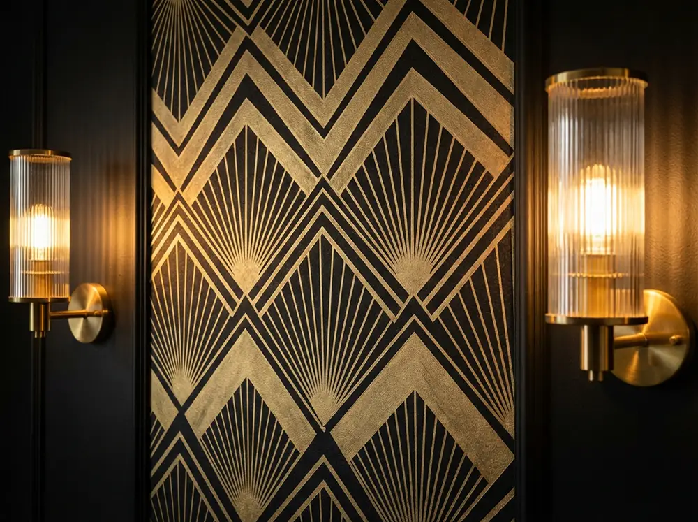 motifs geometriques art deco papier peint mur Mur accent avec papier peint neo art déco à motifs géométriques dorés sur fond noir et appliques murales en verre cannelé