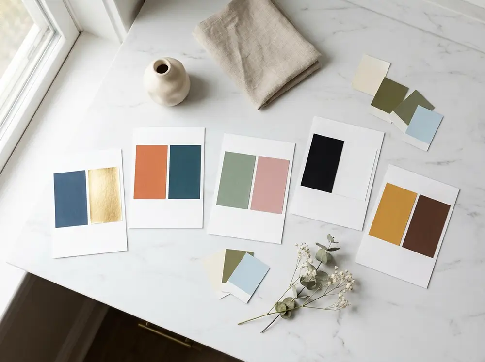 associations couleurs tableau decoration Flat lay de cartes de palette de couleurs harmonieuses pour assortir tableau et mur
