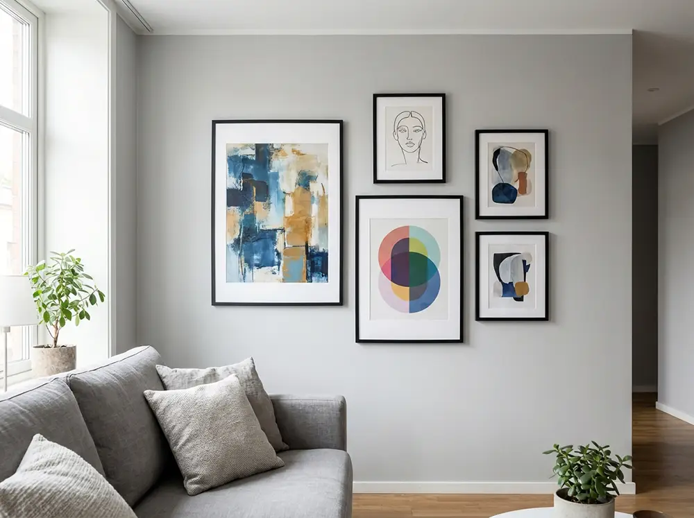 galerie murale tableaux colores mur gris Cinq tableaux de tailles et styles variés disposés en galerie murale sur un mur gris clair