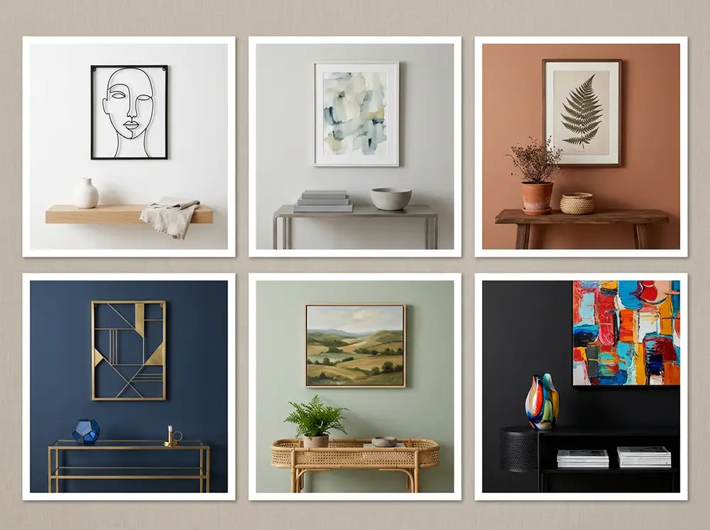 guide accord tableau couleur mur styles Six vignettes intérieures montrant différentes associations de couleur de mur et de tableau