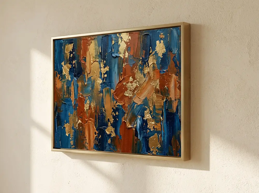 tableau mur creme accord couleur Gros plan d'un tableau abstrait bleu et doré dans un cadre doré sur mur crème