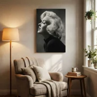 Toile Portrait Glamour Noir & Blanc — Femme Blonde Vintage Hollywood Toile portrait glamour noir et blanc vintage dans un salon cosy avec fauteuil beige et lampe à pied