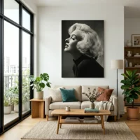 Toile portrait glamour noir et blanc style vintage accrochée dans un salon scandinave lumineux au-dessus d'un canapé beige