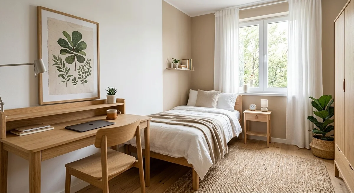 Style scandinave – décoration murale chambre ado Chambre ado style scandinave avec poster encadré bois clair et mur blanc