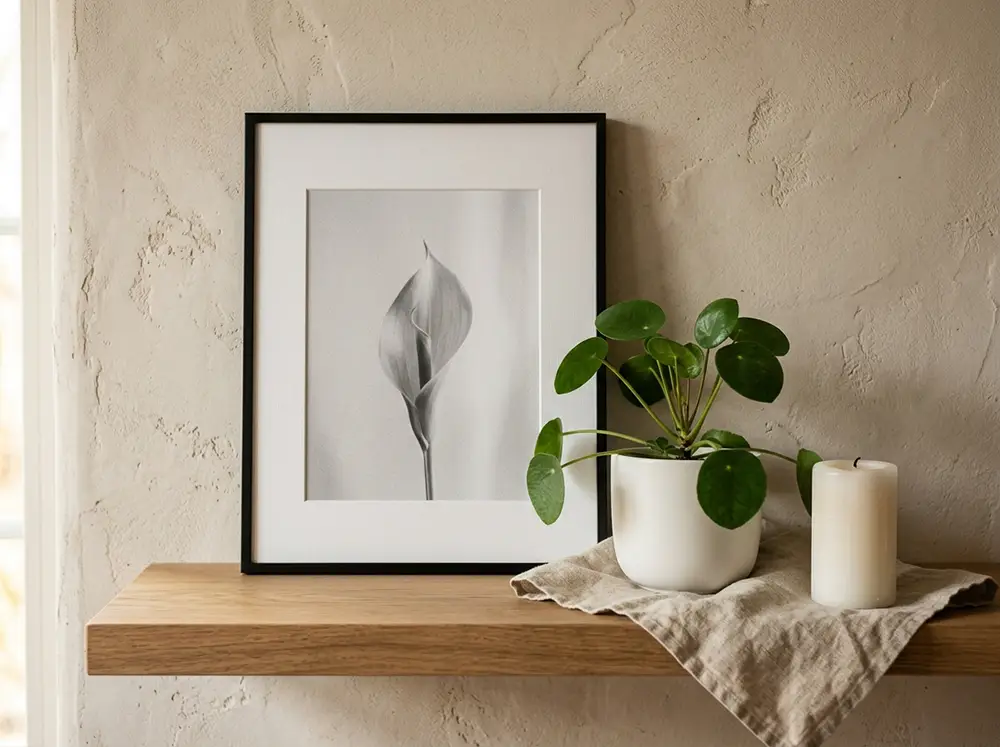 detail cadre noir tirage fine art Gros plan sur un cadre noir fin avec tirage fine art minimaliste sur mur en enduit naturel, plante et bougie blanche