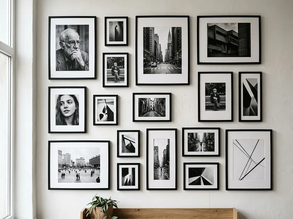 galerie murale cadres noirs photographies Mur blanc avec galerie de cadres noirs contenant des photographies d'art noir et blanc en composition asymétrique
