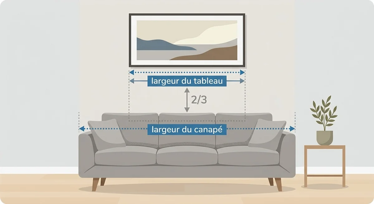 Règle des deux tiers pour choisir la taille d'un tableau au-dessus du canapé Schéma illustrant la règle des deux tiers entre la largeur d'un tableau et celle du canapé en dessous