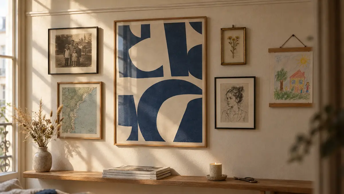 Mur galerie beige avec affiche personnalisée encadrée en chêne, photo de famille sépia, carte marine et dessin d'enfant.