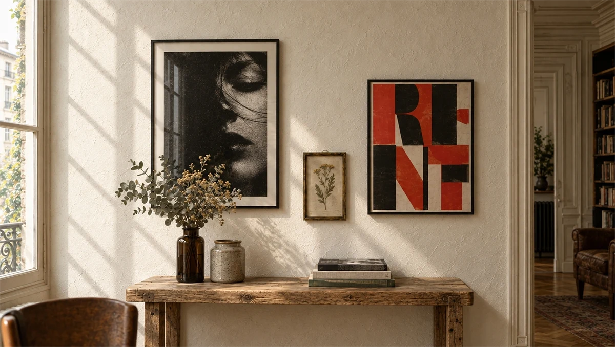 Mur blanc d'un appartement ancien avec un portrait photographique en noir et blanc, un petit herbier encadré et une affiche typographique rouge et noire, au-dessus d'une console en bois brut